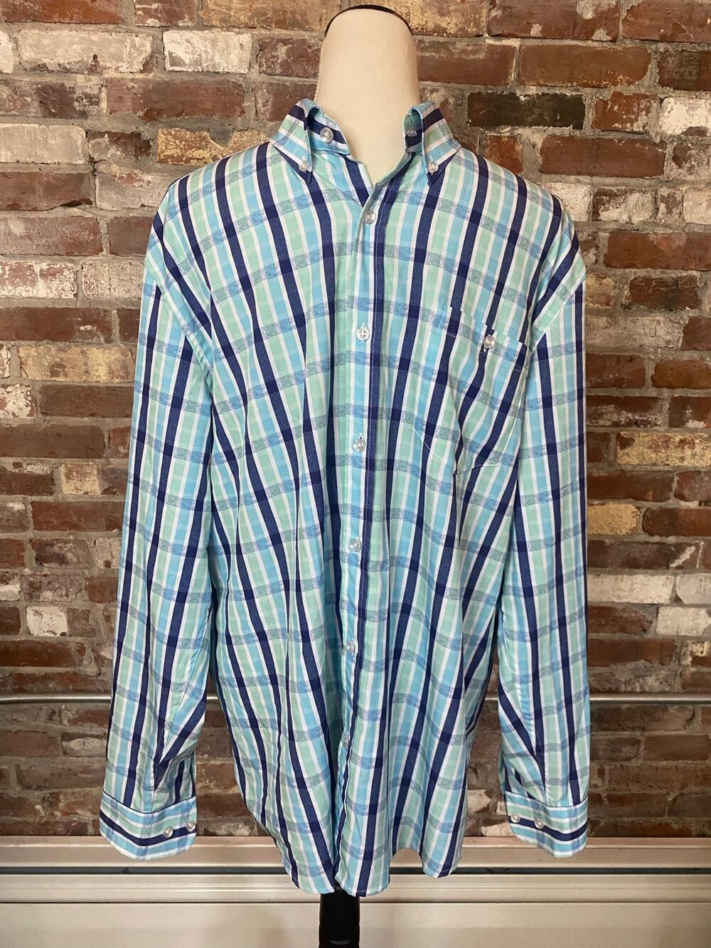 F/X FUSION Men's Plaid Button Down Shirt Long Sleeve Stretch Mint Blue Navy L